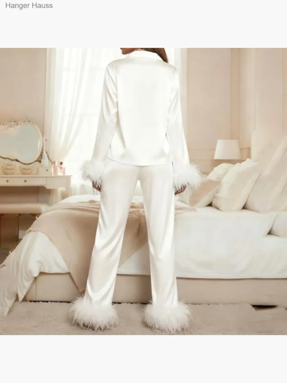 Feather Satin Pajama Set, Long Sleeve Button Down Lounge Set